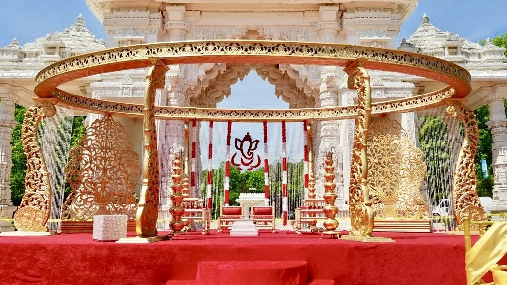 Outdoor golden mandap for an Indian wedding ceremony, Chicagoland