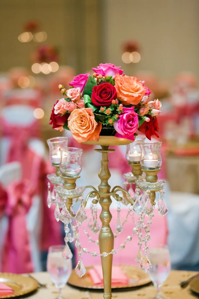 Vibrant pink and red wedding reception decor, Chicagoland