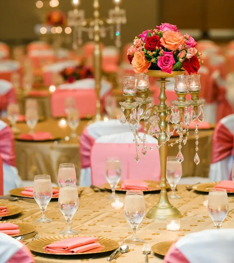 Pink and red Indian wedding reception decor