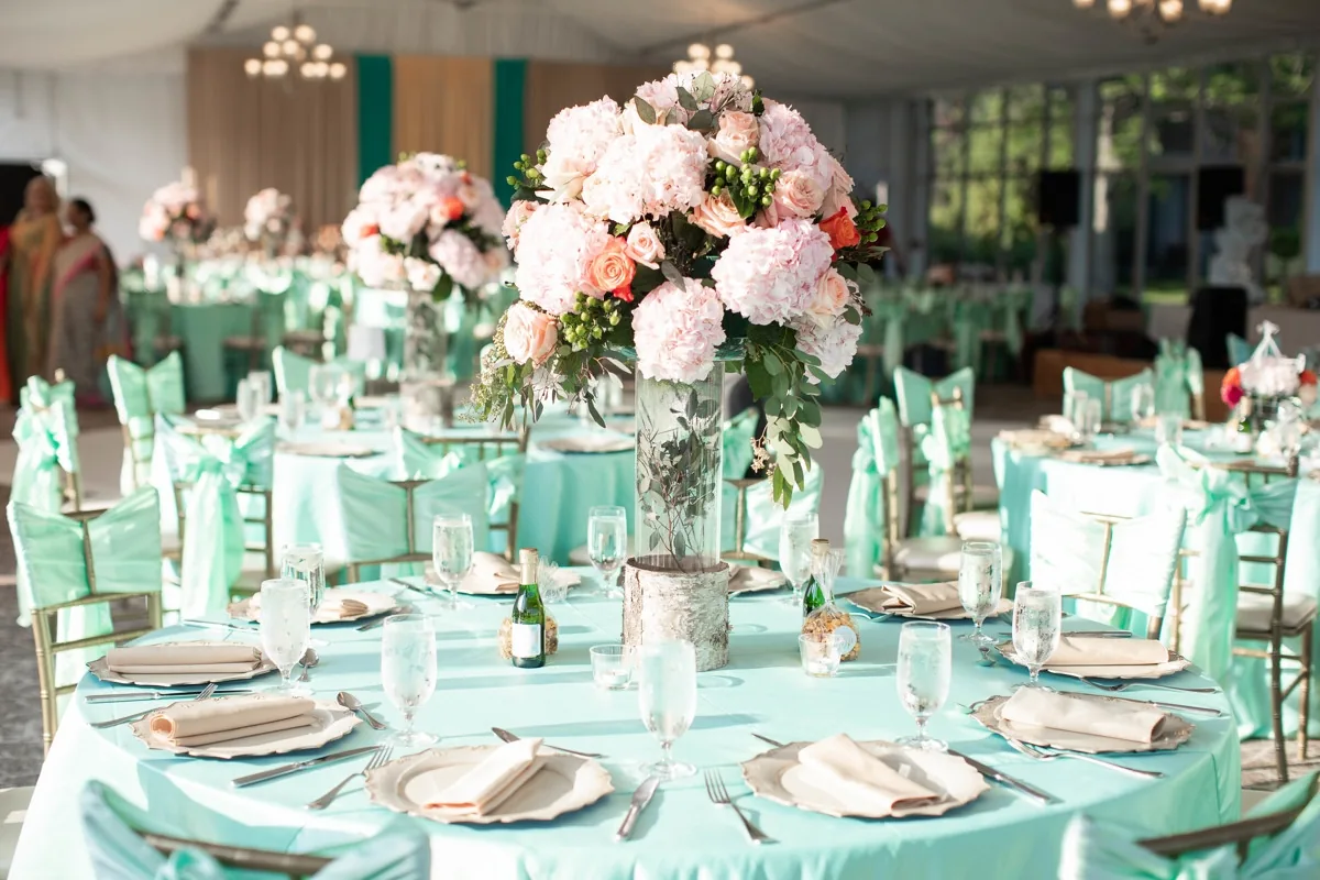 Teal and mint Indian wedding reception decor, Chicagoland